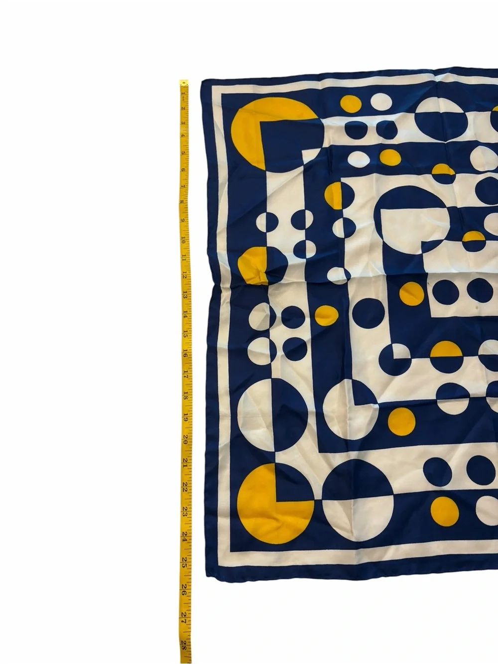 Silk Scarf Hand Rolled Edges 26” Blue Yellow White Geometric Dots STAINS Italy